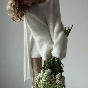 White Romantic Women's Furry Knitted Warm Flare Sleeve Backless Bow Tie Dress